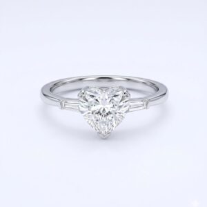 1.35ct heart cut moissanite engagement ring with tapered baguette side stones