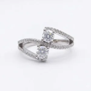 1.3ct moissanite toi et moi ring with dual round cut stones in white gold plated finish